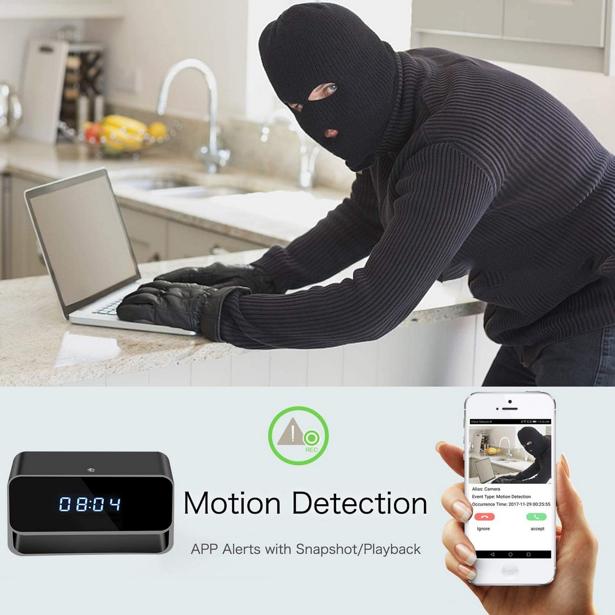 spy camera in alarm clock - motion detection